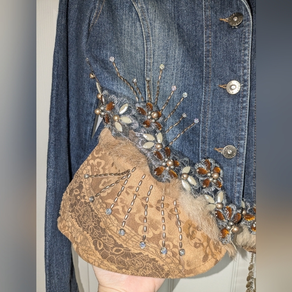 Embellished Denim Jacket by WEST 36th with Fox Fur Trim, Beaded Rhinestone - Picture 9 of 12